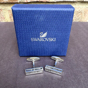 Swarovski Blue Grey Crystal Silver Tone Bar Rectangle Cufflinks w/ Gift Box